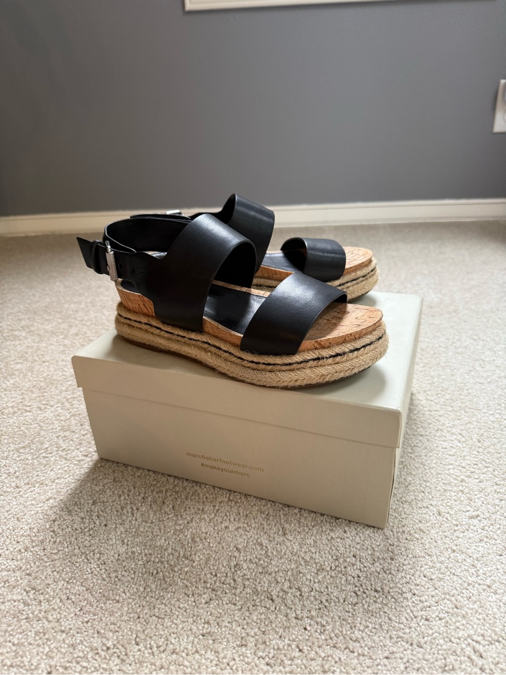 Marc Fisher Oria Black Leather Espadrille Platform Sandals Size 6